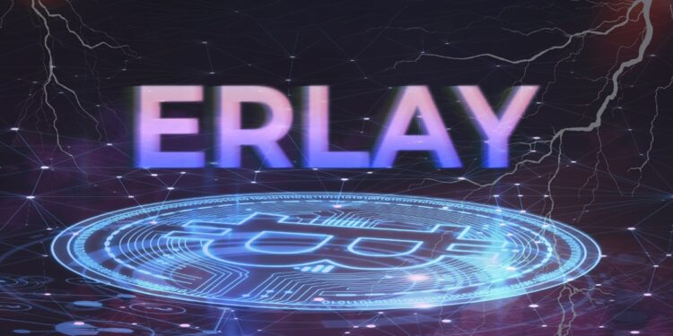 Erlay sobre logo digital de bitcoin con relampagos de lightning network en el fondo