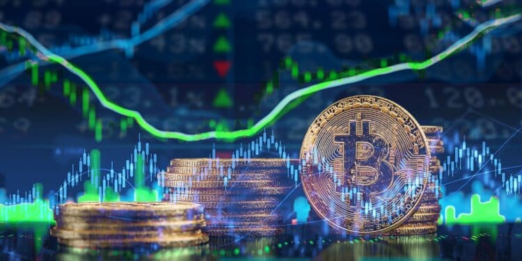 moneda de bitcoin con gráfico lateralizado y mercado de acciones con ráfico creciente en el fondo