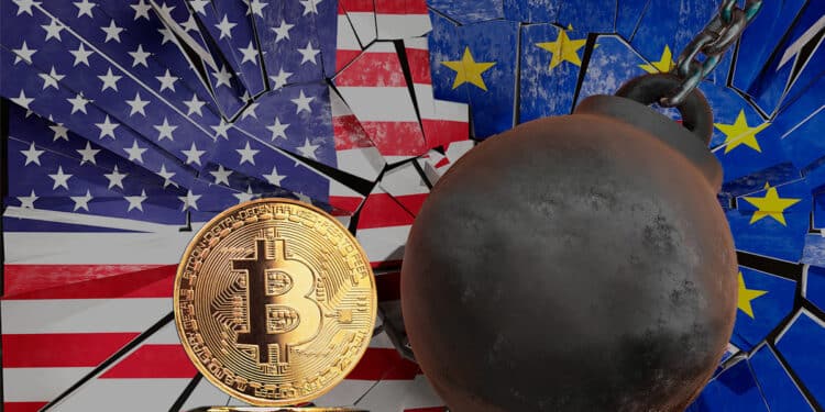Bitcoin junto a la bandera de Estados Unidos y Europa.