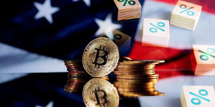 Bitcoin junto a bandera de Estados Unidos y porcentajes.