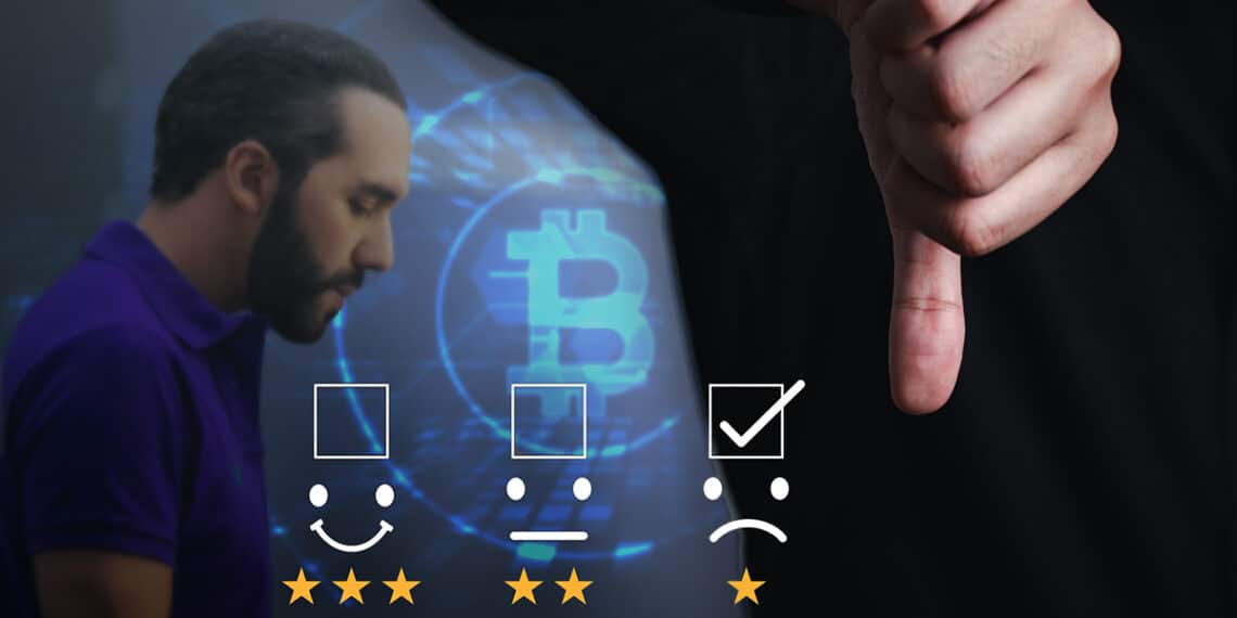 persona evaluando negativamente en encuesta con nayib bulene y logo de bitcoin en el fondo