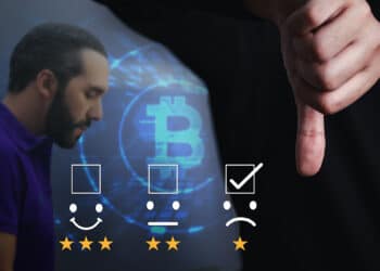 persona evaluando negativamente en encuesta con nayib bulene y logo de bitcoin en el fondo