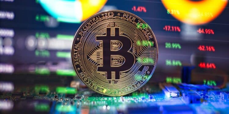 moneda de bitcoin con indicadores de mercado superpuestos
