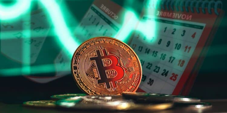 moneda de bitcoin sobre monedas apiladas con gráfico alcista verde y calendario pasando páginas en el fondo