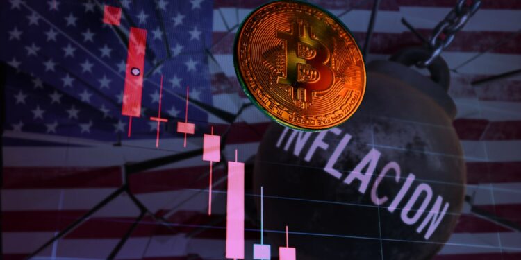 moneda de bitcoin cayendo junto a gráfico de precio con bola demoledora rompiendo bandera de estados unidos en el fondo