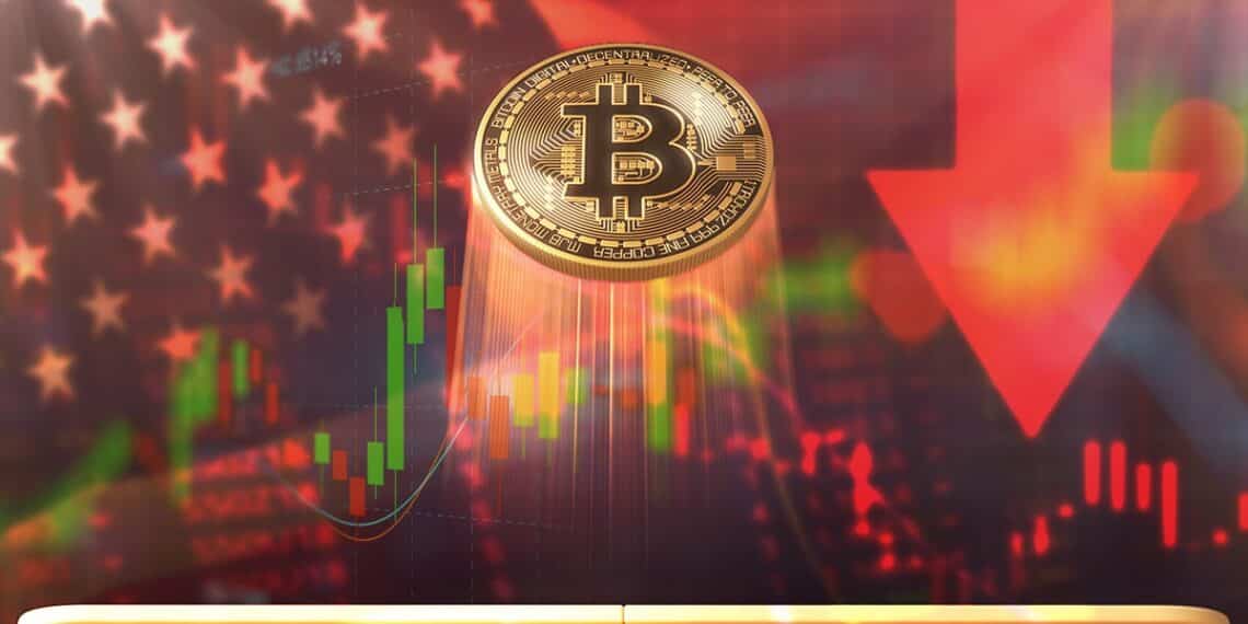 moneda de bitcoin rebotando en cama elástica con gráfico de precio creciente y bandera de estados unidos con gráficos rojos en el fondo