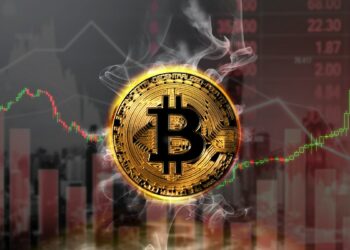 moneda de bitcoin entre humo y gráficos de mercado