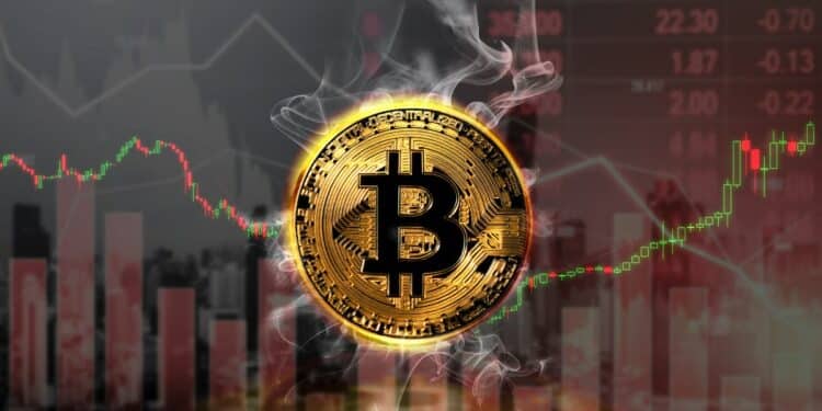 moneda de bitcoin entre humo y gráficos de mercado