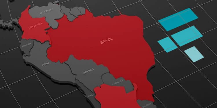Mapa de Latinoamérica con Colombia Brazil y Argentina marcados en rojo y logo de FTX