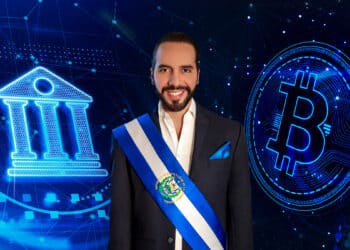 Bukele junto a bitcoin y un banco.