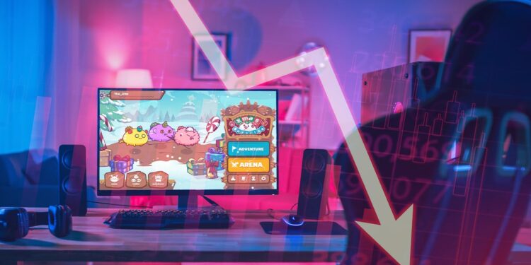silla de gamer vacía con pantalla en juego de Axie Infinity con gráfico y felcha cayendo superpuesto