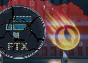 moneda de FTX rota con gráfico en caida de Terra en el fondo