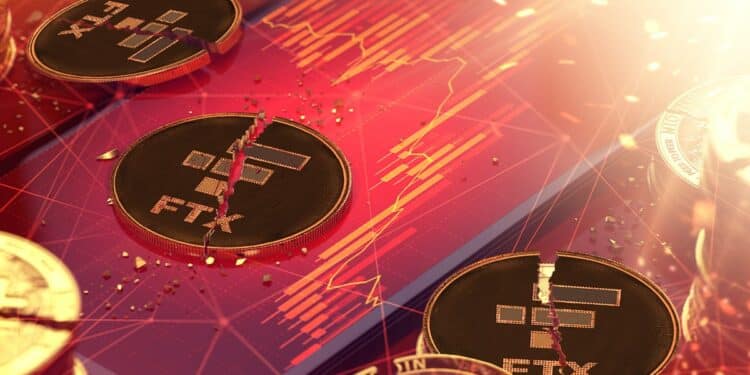 monedas de FTX rotas sobre gráficos bajistas en rojo