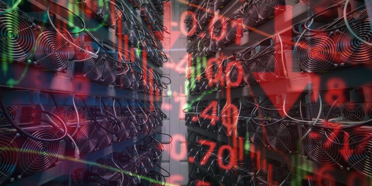 gráfijo bajista de precio en rojo en frente de rigs de mineros ASIC