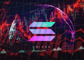 logo de solana en red digital con gráficos de mercado en rojo en el fondo