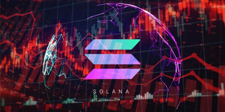 logo de solana en red digital con gráficos de mercado en rojo en el fondo
