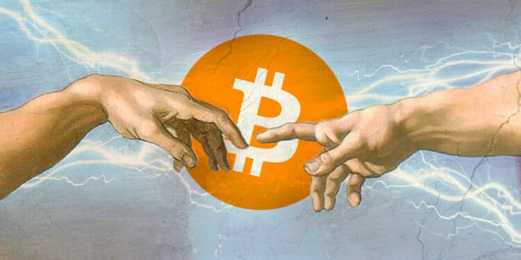 manos tocandose con relámpagos y btc