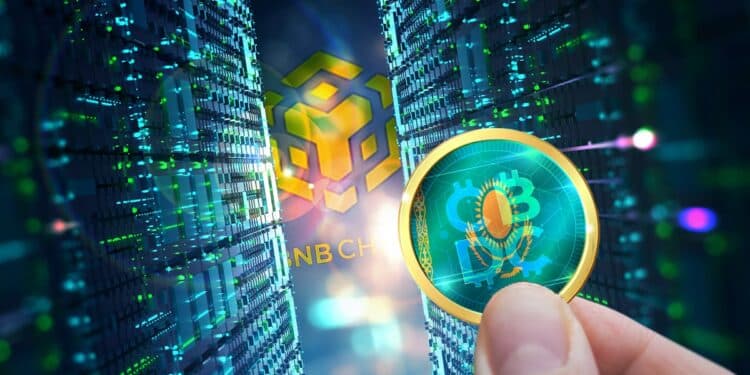 mano sostiene moneda digital de banco central de kazajistan en frente de blockchain con logo de BNB chain en el fondo