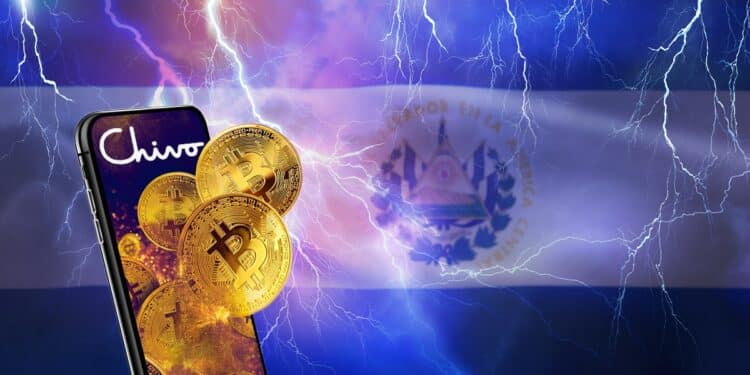 monedas de bitcoin saliendo de teléfono con logo de chivo wallet con relampagos y bandera de el salvador en el fondo