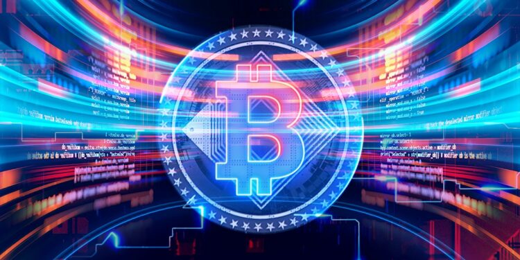 moneda de bitcoin entre código digital