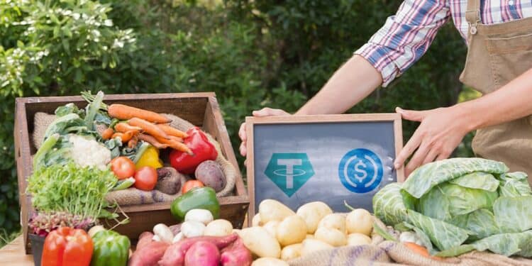persona coloca pizarra con logos de Tether y USDC dibujados sobre mesa de mercado de vegetales.