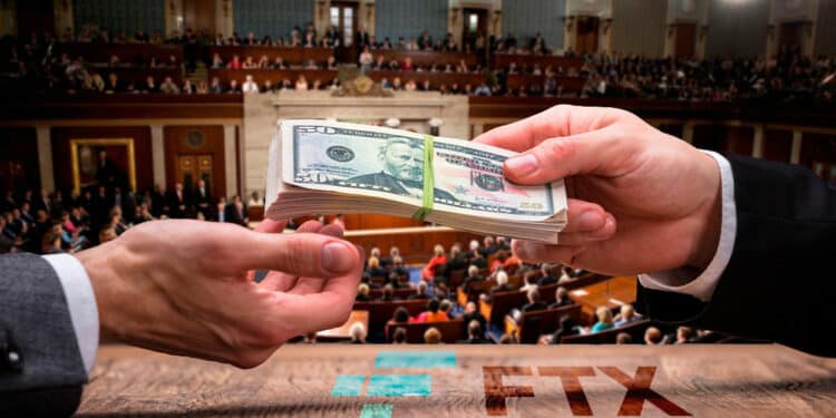 Congreso de Estados Unidos con manos sobre mesa con logo de FTX intercambiando dinero