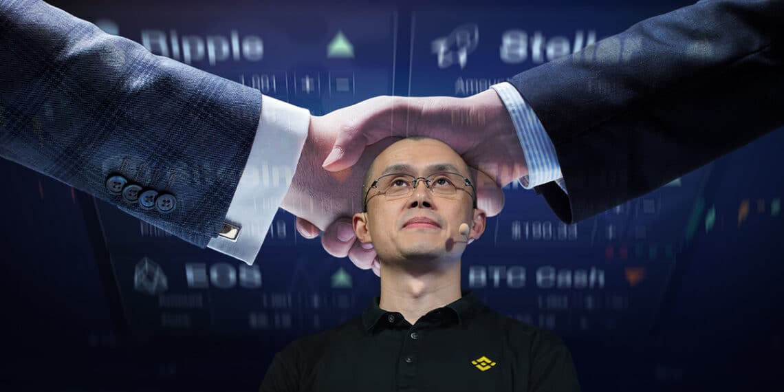 Changpeng Zhao, CEO de Binance, observando hacia arriba con representantes de exchanges de criptomonedas estrechando sus manos en el fondo