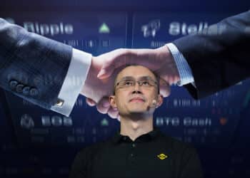 Changpeng Zhao, CEO de Binance, observando hacia arriba con representantes de exchanges de criptomonedas estrechando sus manos en el fondo