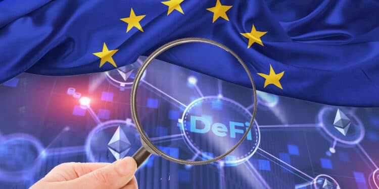 mano sostiene lupa sobre red deFi con bandera de europa superpuesta