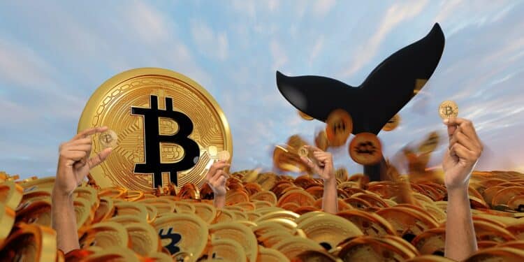 manos sosteniendo monedas en mar de bitcoins co ballena alejandose en el fondo