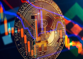 moneda de bitcoin con gráfico de precio superpuesto y logos de Binance y FTX en el fondo