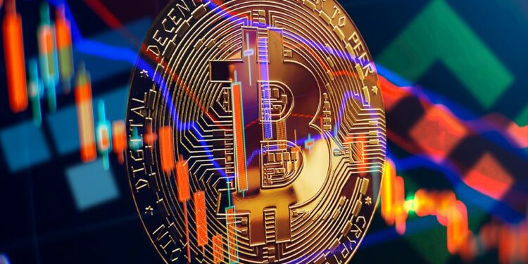moneda de bitcoin con gráfico de precio superpuesto y logos de Binance y FTX en el fondo