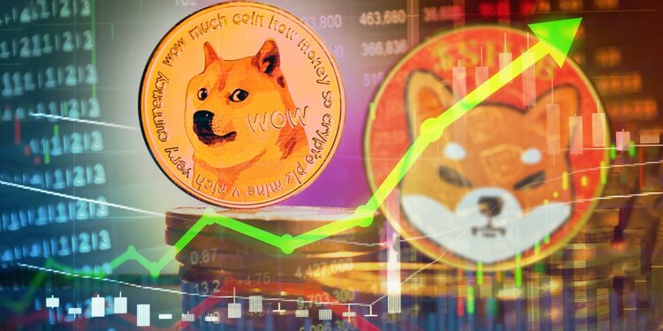 monedas de dogecoin e shiba inu con graficos de mercado