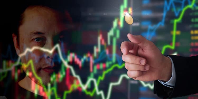elon musk mira desde detras de un grpafico de precios creciente moneda lanzada por mano