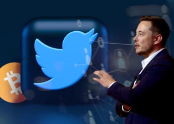 elon musk junto a cubo con logo de Twitter y red de usuarios superpuesta