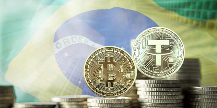 monedas de theter y bitcoin sobre monedas apiladas con bandera y edificios de brasil en el fondo