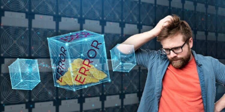 hombre preocupado junto a bloque digital con monedas dentro y mensaje de error y mineros asic en el fondo