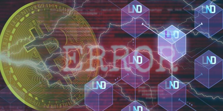 moneda de bitcoin son relampagos junto a bloques con logo de LND y mensaje de error