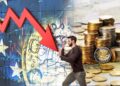 hombre deteniendo flecha con gráfico y economía de europa cayedo junto a monedas de euro apiladas