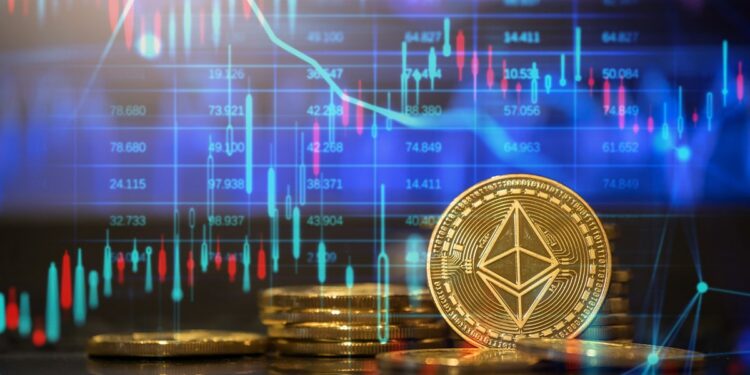 moneda de ether con gráfico de precio alcista en el fondo