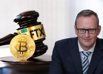 Eurodiputado junto a bitcoin y logo de FTX.