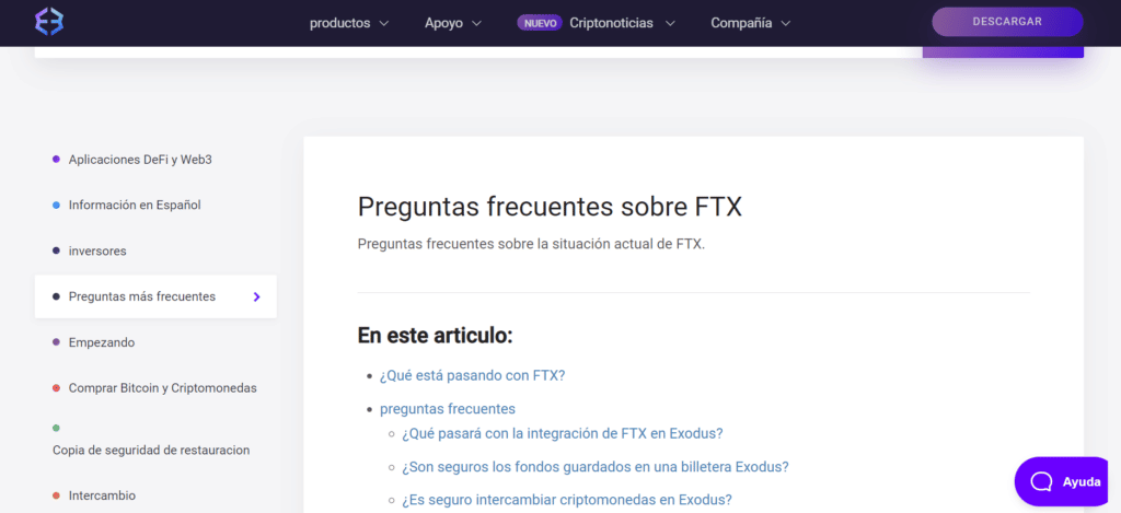 página de exodus destinada a las preguntas frecuentes de los usuarios sobre FTX