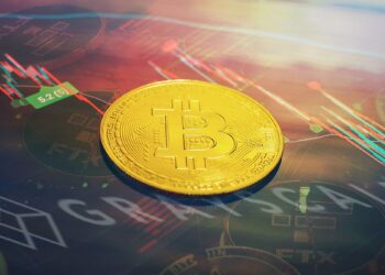 moneda de bitcoin sobre superficie de cristal con gráfico de precio proyectado y monedas de FTX rotas en rojo y logo de Grayscale en el fondo
