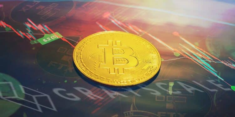 moneda de bitcoin sobre superficie de cristal con gráfico de precio proyectado y monedas de FTX rotas en rojo y logo de Grayscale en el fondo