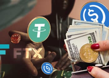 persona apostando junto a logo de FTX, bitcoins y stablecoins.