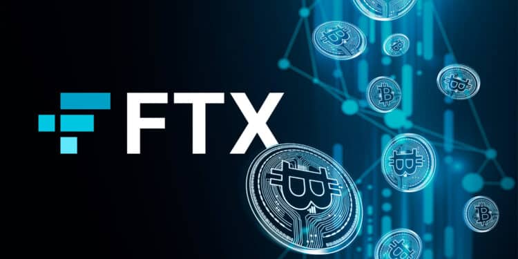 Bitcoins cayendo junto a logo de FTX.