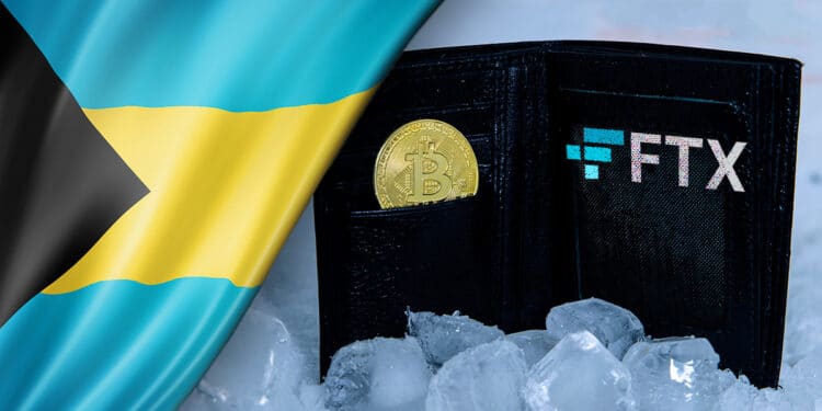 Fondos congelados junto a logo de ftx y bandera de las Bahamas.