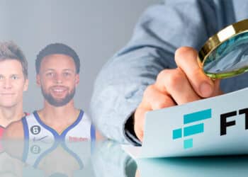 Persona investigando documentos con logo de FTX e imagenes de Stephen Curry y Tom Brady en el fondo