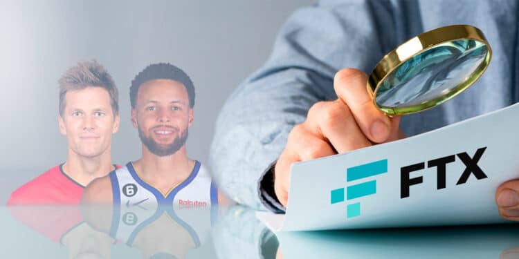 Persona investigando documentos con logo de FTX e imagenes de Stephen Curry y Tom Brady en el fondo