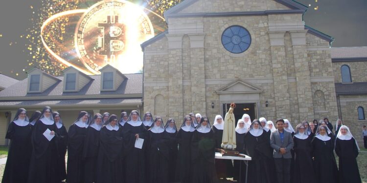 monjas y sacerdote en frente de iglesia con moneda de bitcoin brillando en el fondo